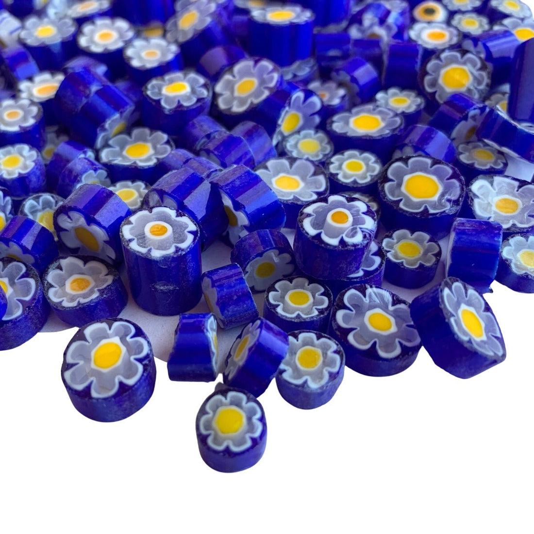 Verre Mosaique - glass mosaic -Glasmosaik-glasmozaïek-Millefiori Blauw/Wit/Geel Bloem 10/11 doorzichtig - mosaicshop